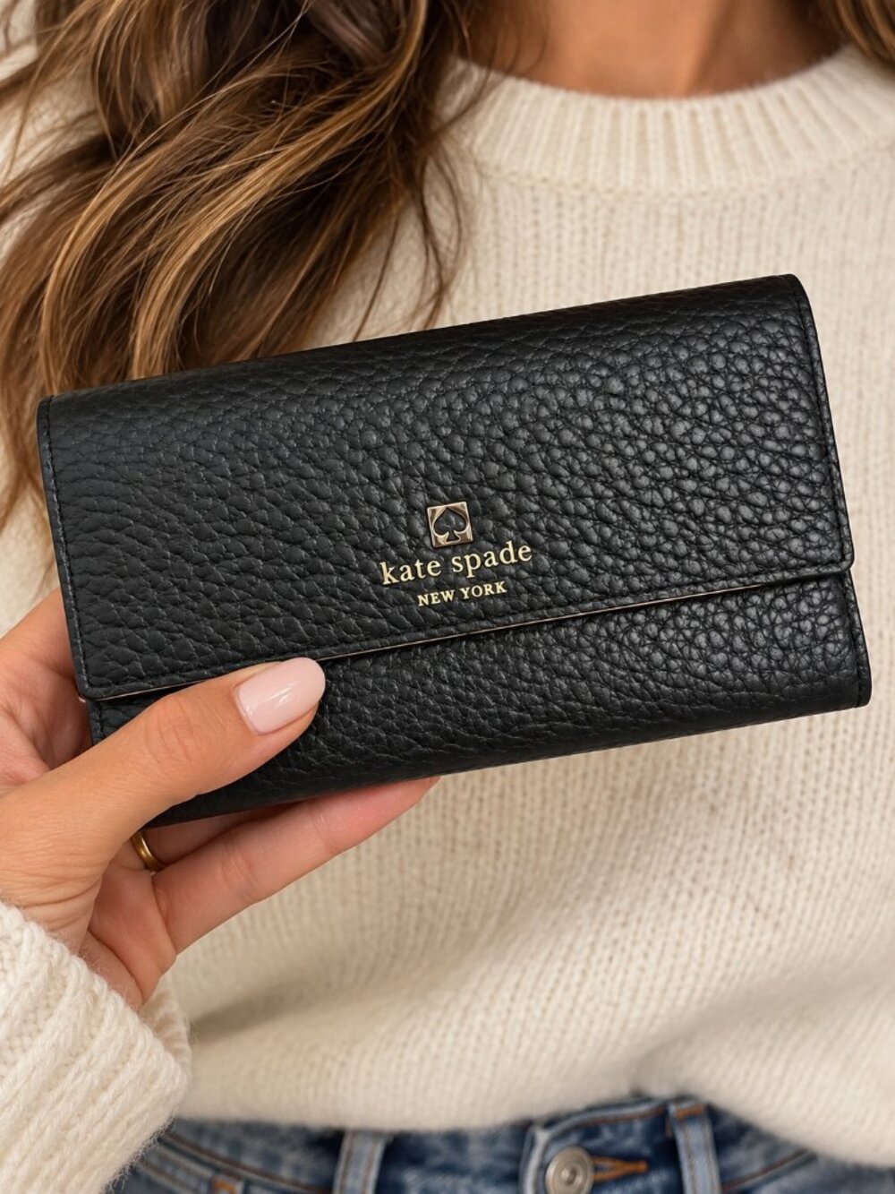 kate spade Black Pebbled Leather wallet & card Holder with Gold Logo NEW